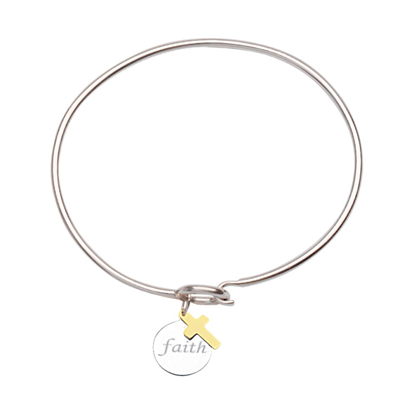 Sterling Silver 14K Faith Disk Cross Coil Bangle